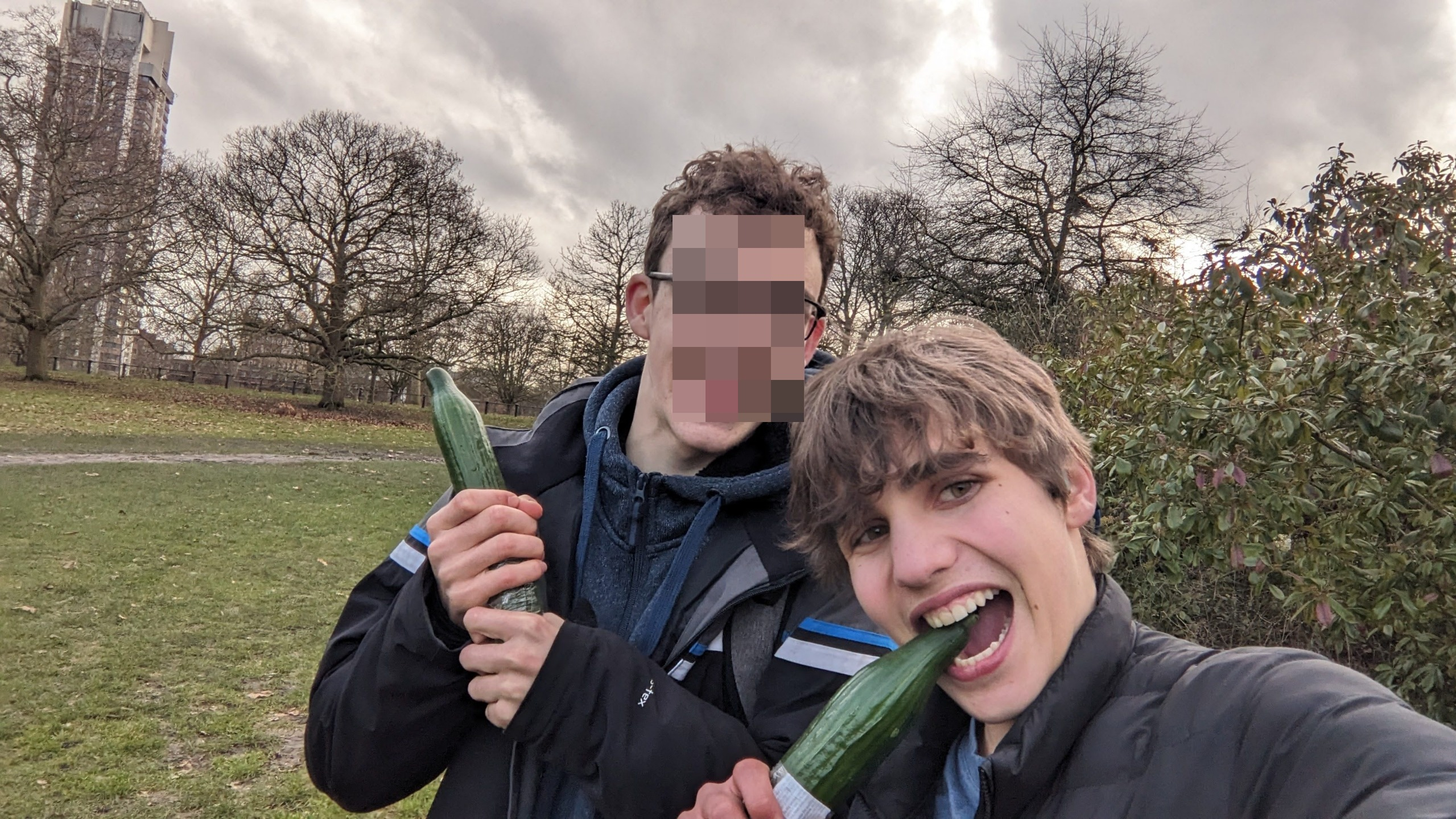 Tom and a friend holding cucumbers in a park